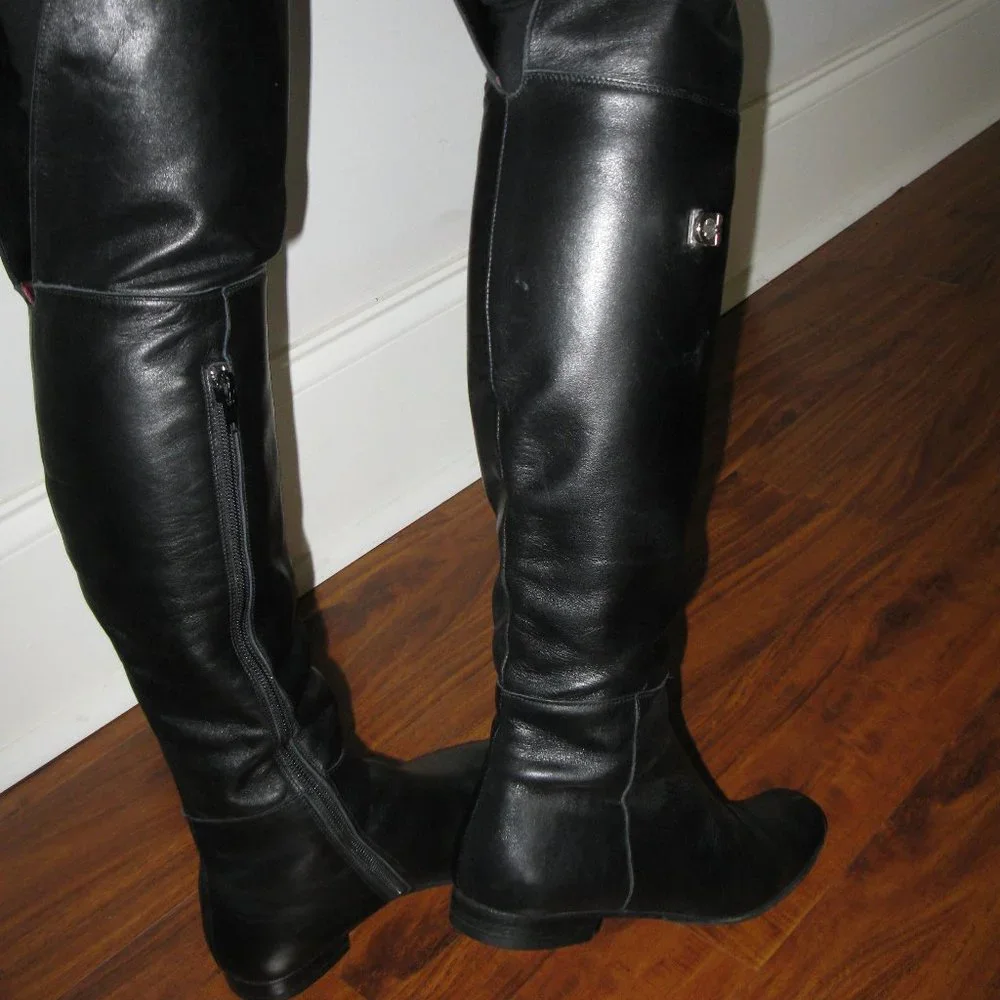 REDUCED Wmn Black Leather Side Zipper Block Heel Over The Knee Boots S 5.5 UK 3